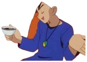 Anime boy with spiky hair kicking back and smugly sipping from a teacup sticker