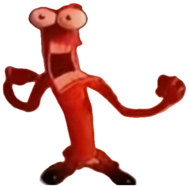 Wobbly red claymation figure with bug eyes flailing in a panicked dance sticker