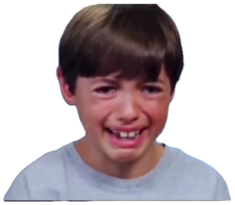 Young boy in a gray shirt breaking into tears with a crumpled, sobbing face sticker