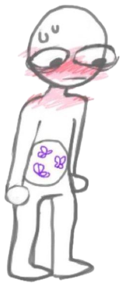 Stick figure doodle with blushing red cheeks, downcast eyes, and butterflies in its stomach sticker