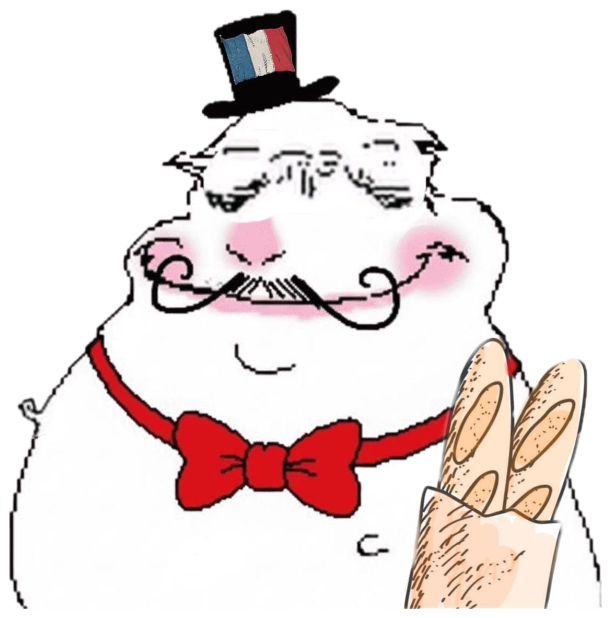 Chubby cartoon French character with a curly mustache, beret, and baguette looking pleased sticker