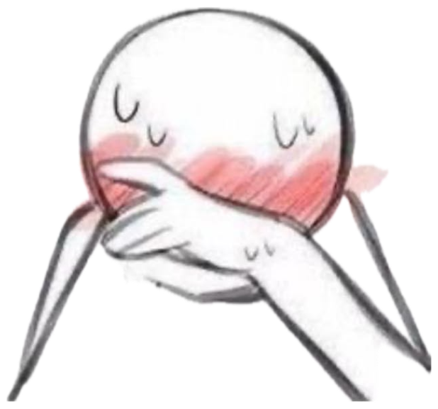Sketched blushing face hiding behind its hands under a long text caption sticker