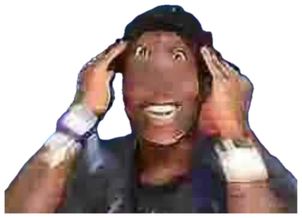 Distorted man clutching his head in wide-eyed panic over a Fortnite quest progress screen sticker