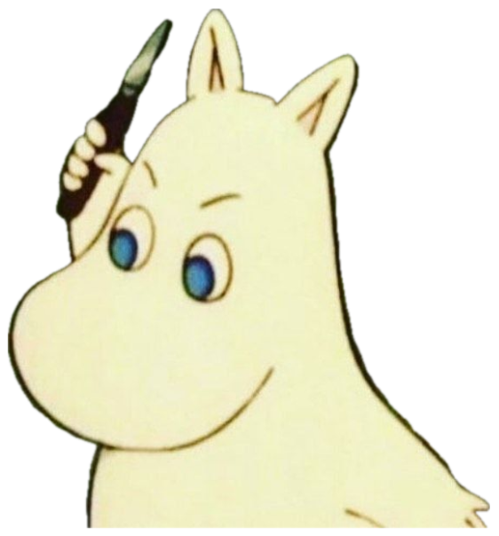 Moomintroll giving a sly wink with a knife held behind its head sticker