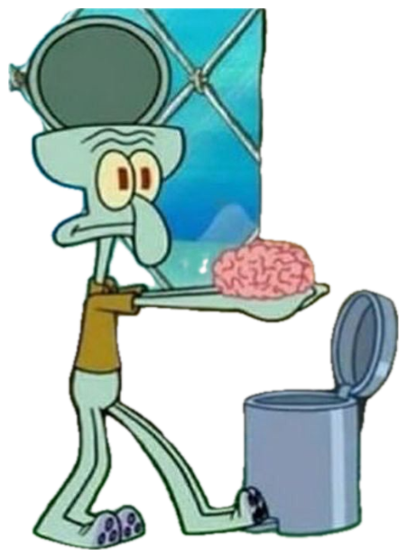 Squidward glumly carrying a spoonful of brain toward an open trash can sticker