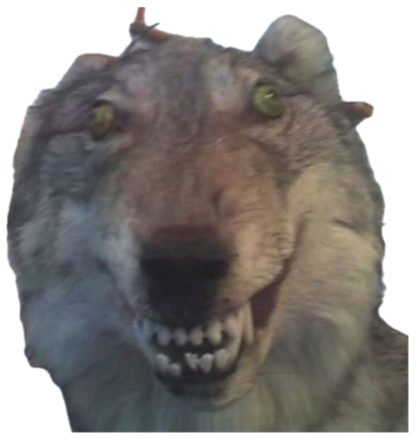 Snarling taxidermied wolf head with glowing green eyes and bared teeth staring you down sticker