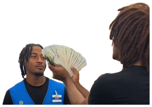 Walmart employee in a blue vest looking completely unbothered while someone fans cash in his face sticker