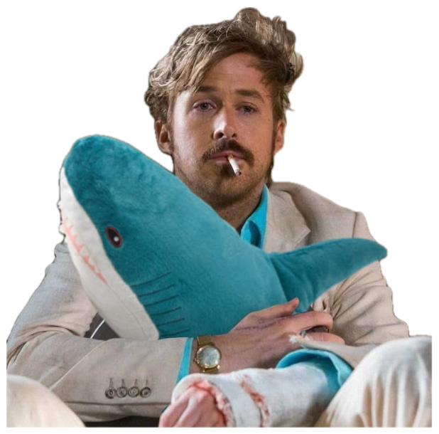 Man with a cigarette and bandaged hand clutching a plush shark, totally deadpan sticker