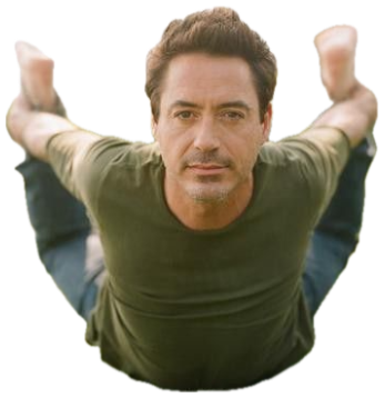 Robert Downey Jr. lying on grass gripping his own ankles with a deadpan stare sticker
