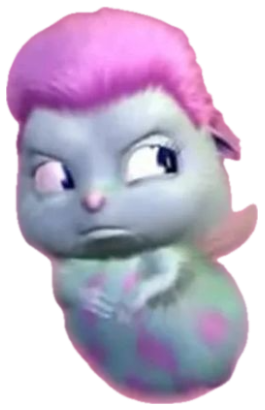 Tiny pink-haired CGI creature side-eyeing the camera with a grumpy frown sticker