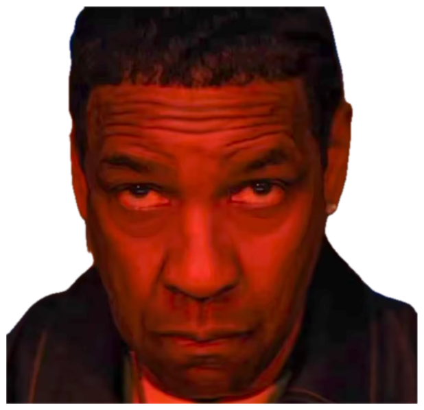 Denzel Washington bathed in red light, glaring down with a heavy, unimpressed stare sticker