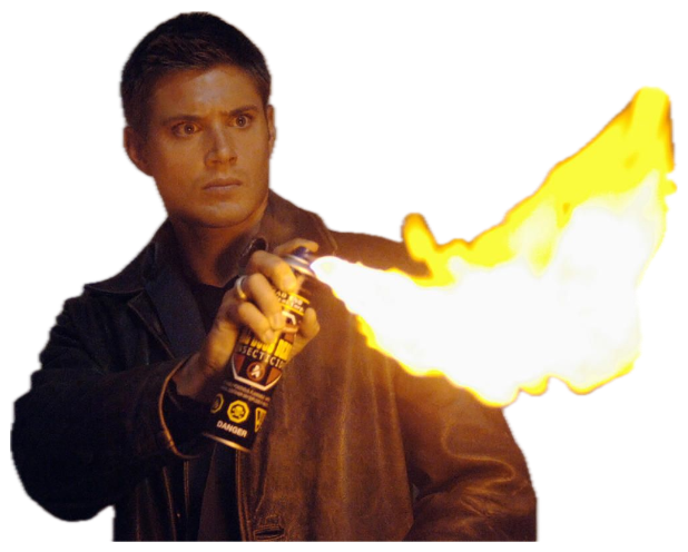 Man aiming a homemade flamethrower with a tense, alarmed look sticker