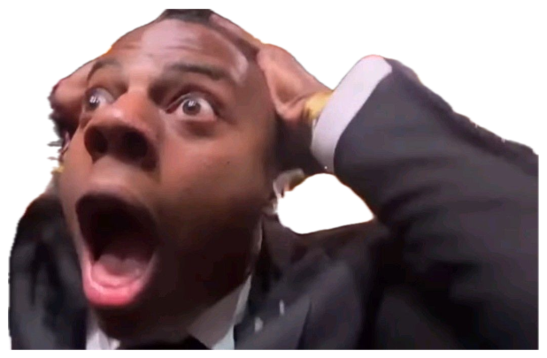 Man in a tuxedo gripping his head and screaming in wide-eyed shock at an event sticker