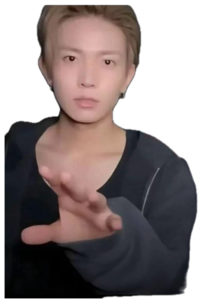 Young Asian man with neutral expression reaching one hand toward the camera sticker