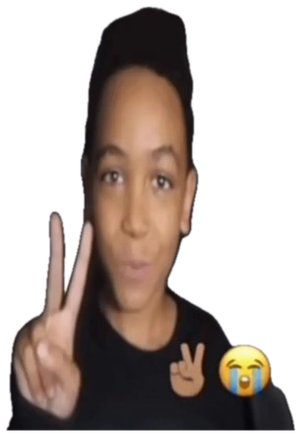 Young guy throwing up a peace sign with crying-laugh emojis on screen beside him sticker