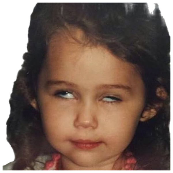 Little girl rolling her eyes to the side with a smug, suspicious smirk sticker
