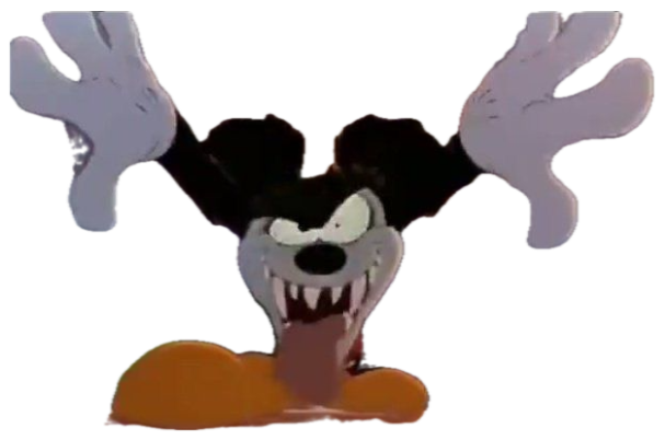 Classic cartoon wolf bursting through a door with fangs bared in rage sticker