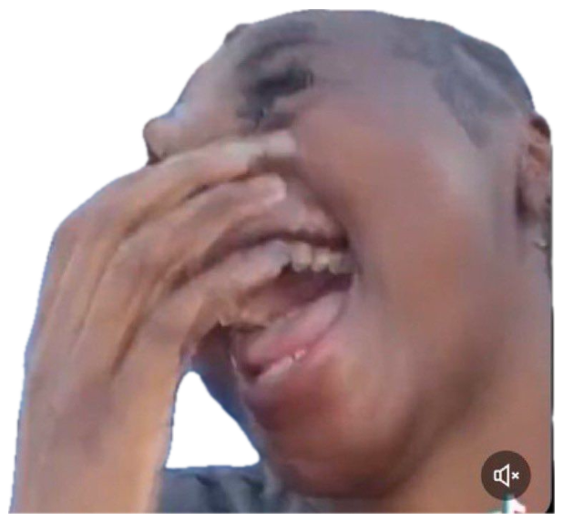 Woman in a crowd doubled over laughing with a hand covering her face sticker