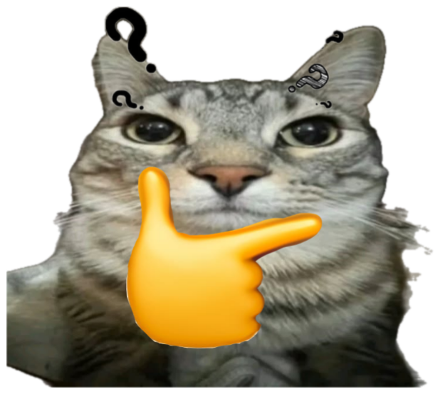 Tabby cat surrounded by floating question marks with a big pointing hand emoji overlay sticker