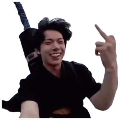 Young man grinning and flipping off the camera while strapped into a bungee jump harness sticker