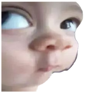 Extreme close-up of a baby's face giving a wonky, suspicious side-eye sticker