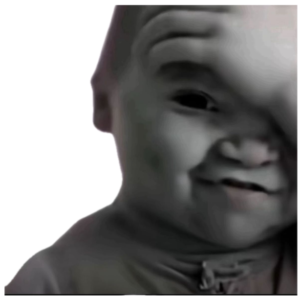 Chubby baby grinning sideways in a grainy black-and-white close-up sticker