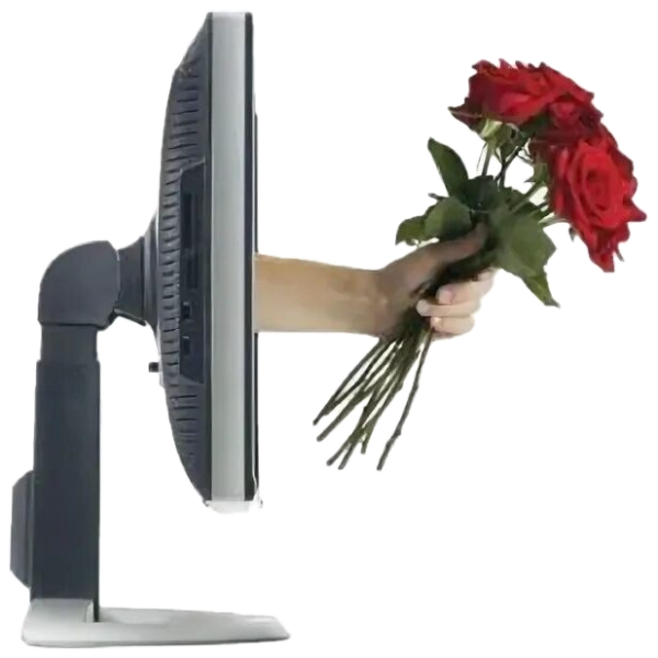 Stock photo of an arm reaching out of a computer monitor holding red roses sticker