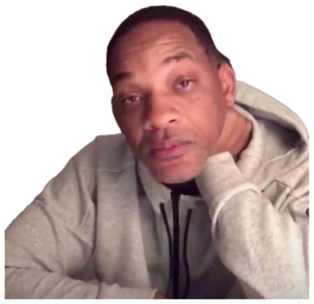 Man resting his chin on his hand, staring at the camera with a flat deadpan look sticker