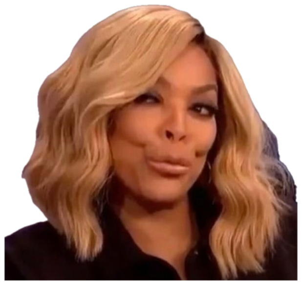 Blonde talk show host cutting a skeptical side-eye at something off camera sticker