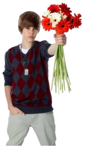 Young Justin Bieber holding out a bouquet of flowers with a deadpan face sticker