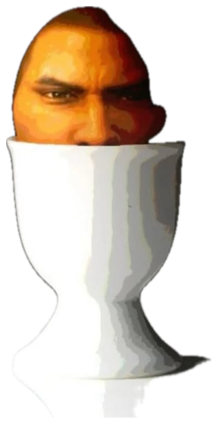 Man's face edited into an egg cup with a scowl, captioned 'crack me' beside a heart sticker