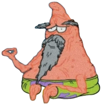 Wizard Patrick Star sitting cross-legged with a long gray beard and a knowing squint sticker