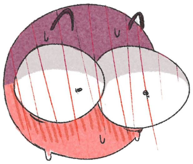 Little sketched fox curled into a ball with drooping eyes as red rain streaks down sticker