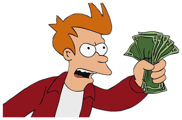 Futurama's Fry waving a fistful of cash with a wild-eyed, manic grin sticker