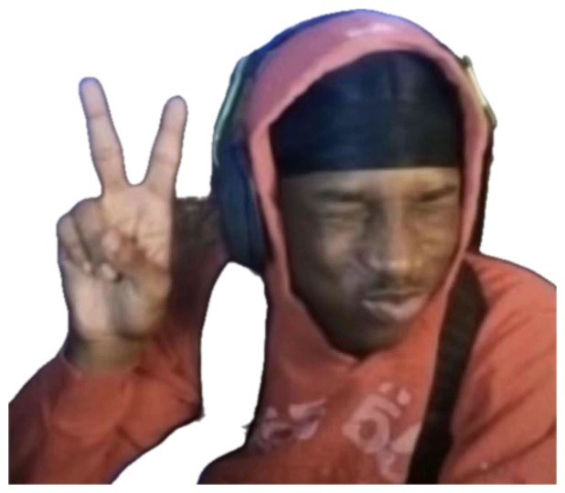 Guy in a hoodie and headphones throwing a peace sign with his eyes closed sticker