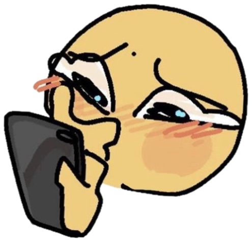 Round cartoon face blushing and peeking over a phone with love hearts nearby sticker