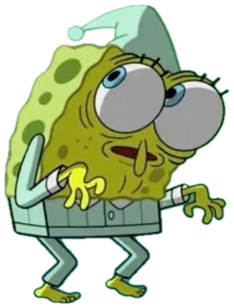 Old, decrepit SpongeBob in pajamas shuffling around with wide terrified eyes sticker