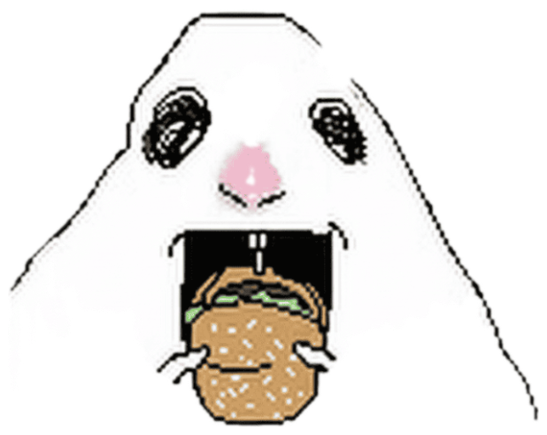 Minimalist blob creature screaming wide open with a tiny burger on its tongue sticker