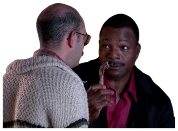 A man cutting his eyes to the side with a wary, side-eyed look as another leans in sticker