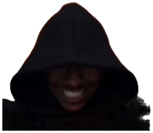 Person in a black hood shrouded in shadow with only a wide grinning smile visible sticker