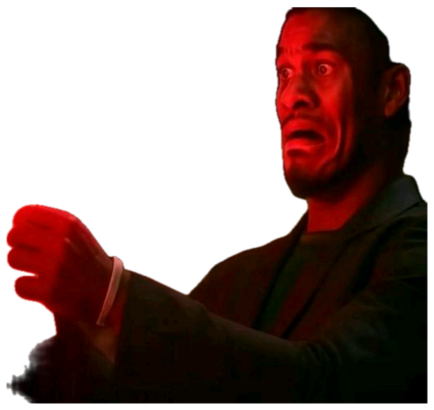 Man in red lighting reading a glowing paper with a horrified, terrified face sticker