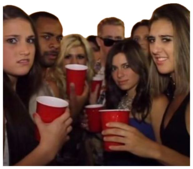 Cramped house party crowd with red cups giving side-eye and uneasy stares at the camera sticker