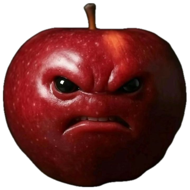 Red apple with a furious human face scowling in the dark sticker