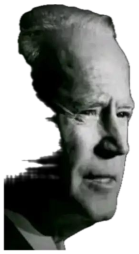 Black-and-white side profile of Joe Biden captioned with the quote 'What?' sticker