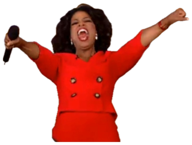 Talk show host in a red suit throwing her arms wide and screaming with pure excitement sticker