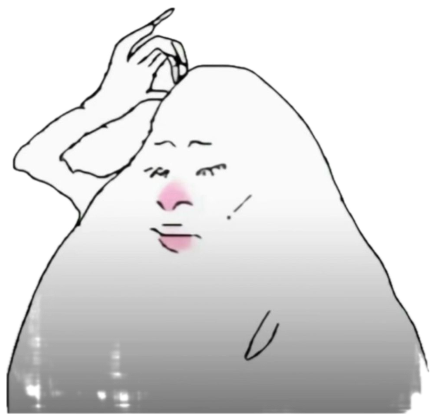 Crude blob doodle with pink blushing cheeks nervously tucking hair behind an ear sticker