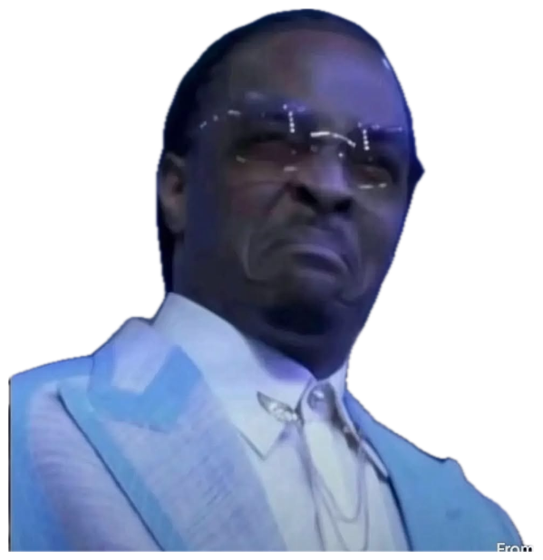 Man in a white suit and sunglasses at a blue-lit event, looking unimpressed sticker