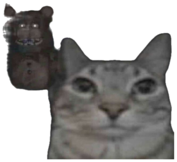 Grainy cat selfie with a menacing animatronic bear lurking in the dark behind it sticker