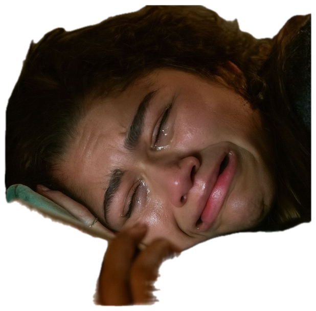 Person lying down crying on the phone, tears streaming down their face sticker