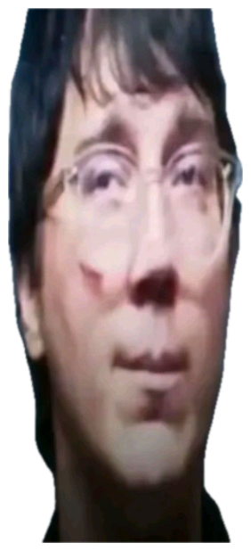 Blurry distorted man in glasses staring flatly with 'NO' in the corner sticker